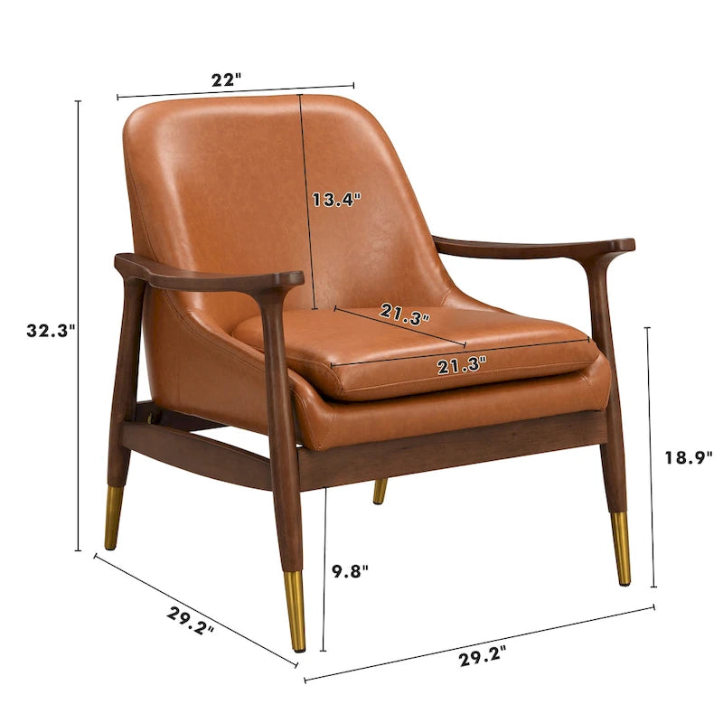 29.2 Mid-Century Faux Leather Accent Chair with Cushioned Seat, Solid Wood Frame, and Brass-Tipped Legs
