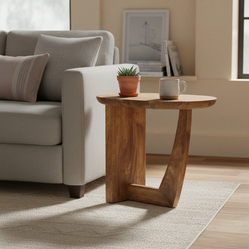 Leti Side End Table, 22 Inch Brown Mango Wood Top, L Shaped Base