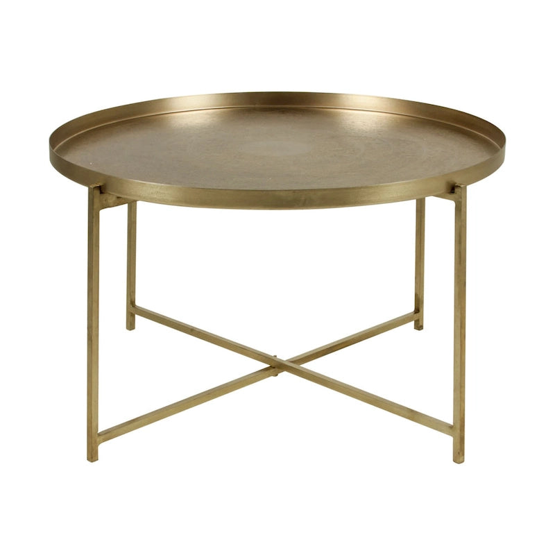Antique Brass-Finish Decorative Side Table with Etched Floral Tray Top
