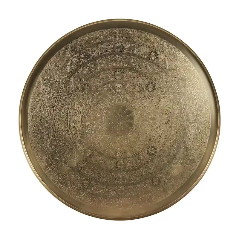 Antique Brass-Finish Decorative Side Table with Etched Floral Tray Top