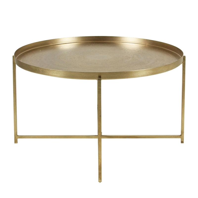 Antique Brass-Finish Decorative Side Table with Etched Floral Tray Top