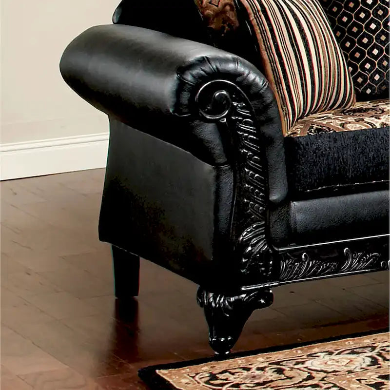 Traditional-Style Black Faux Leather Upholstered Two-Seater Sofa