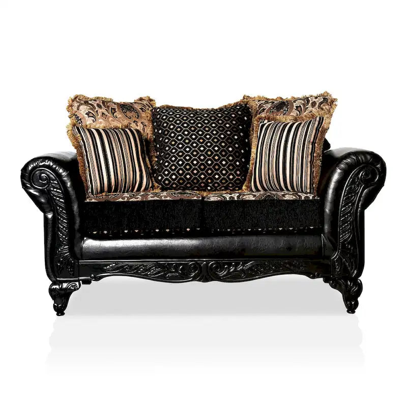 Traditional-Style Black Faux Leather Upholstered Two-Seater Sofa