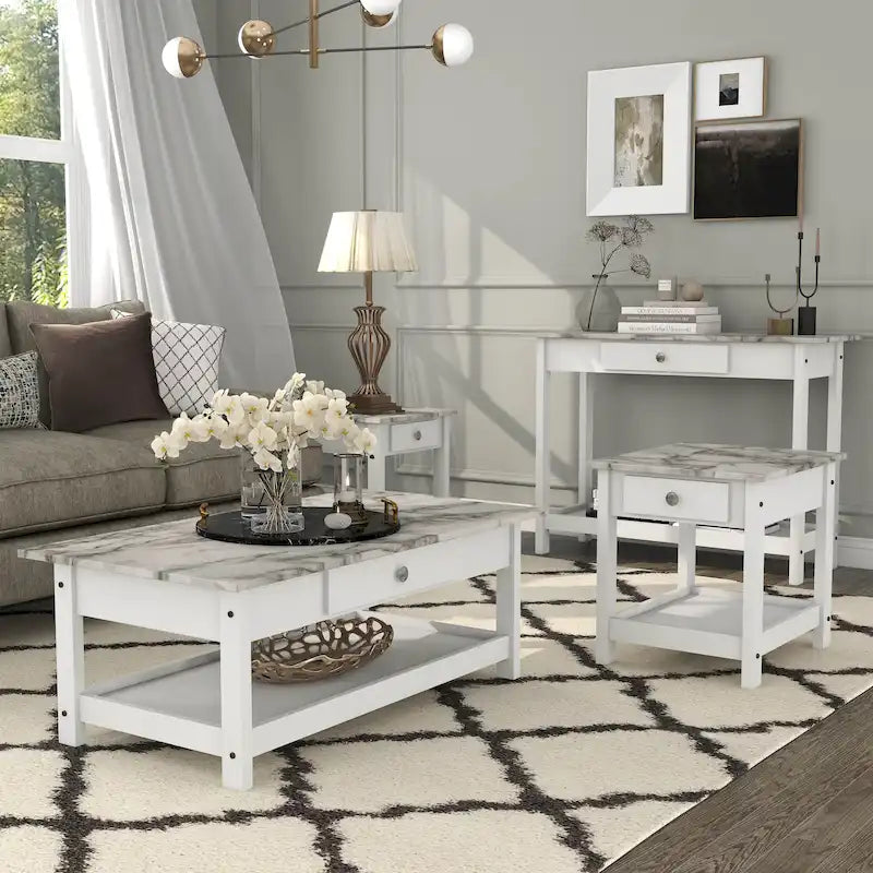 Transitional Rubberwood 4-Piece Open-Shelf Coffee Table Set with Drawer