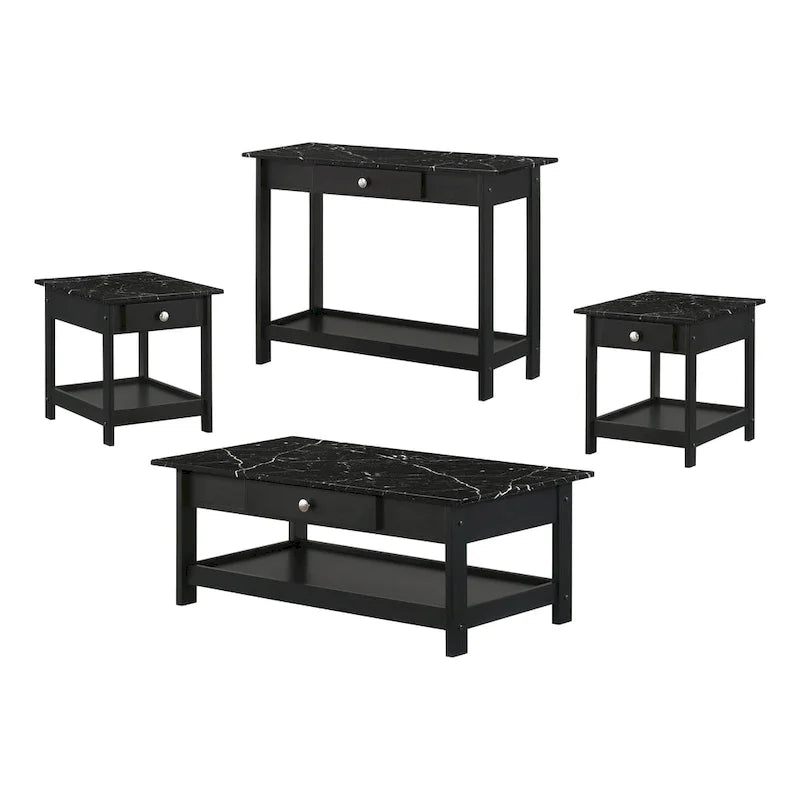 Transitional Rubberwood 4-Piece Open-Shelf Coffee Table Set with Drawer