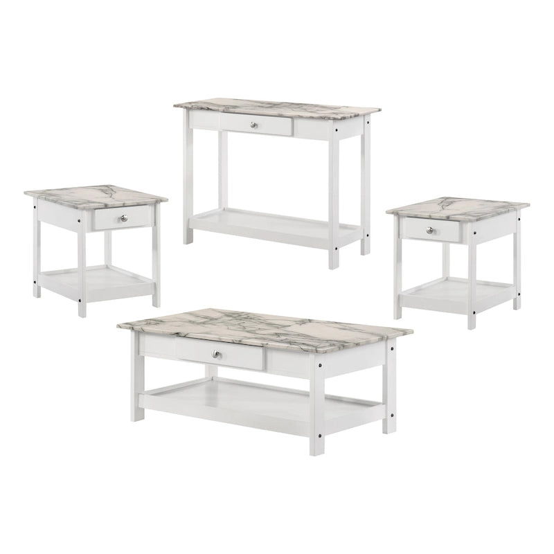 Transitional Rubberwood 4-Piece Open-Shelf Coffee Table Set with Drawer