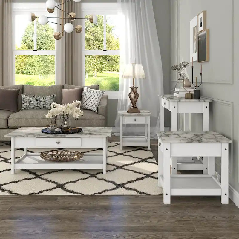 Transitional Rubberwood 4-Piece Open-Shelf Coffee Table Set with Drawer