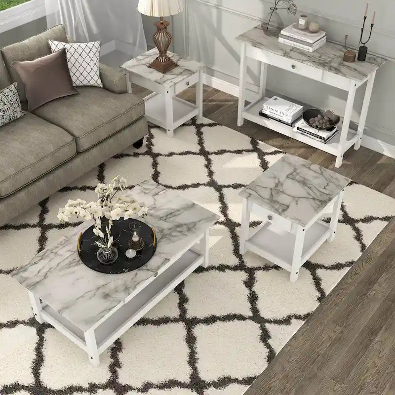 Transitional Rubberwood 4-Piece Open-Shelf Coffee Table Set with Drawer