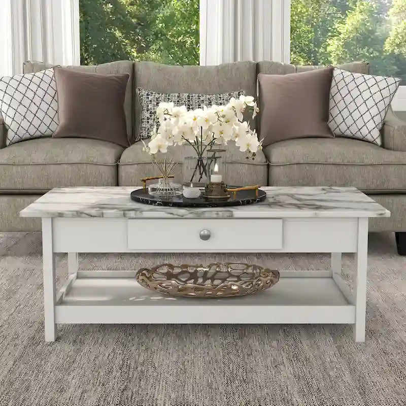 Transitional Rubberwood 4-Piece Open-Shelf Coffee Table Set with Drawer
