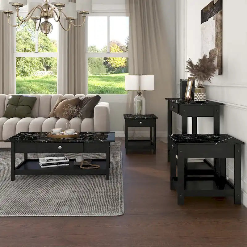 Transitional Rubberwood 4-Piece Open-Shelf Coffee Table Set with Drawer