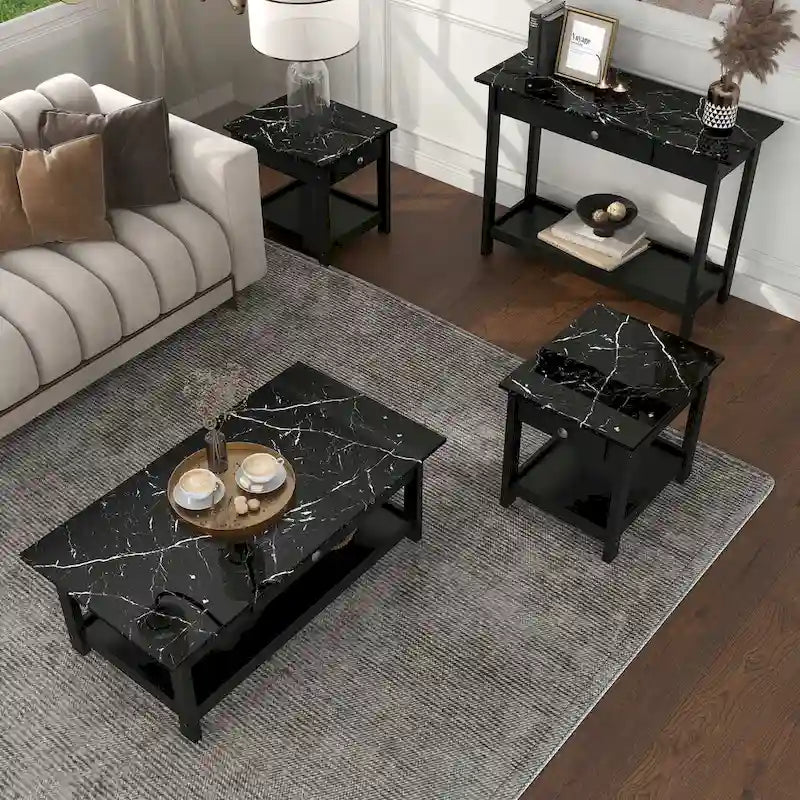 Transitional Rubberwood 4-Piece Open-Shelf Coffee Table Set with Drawer