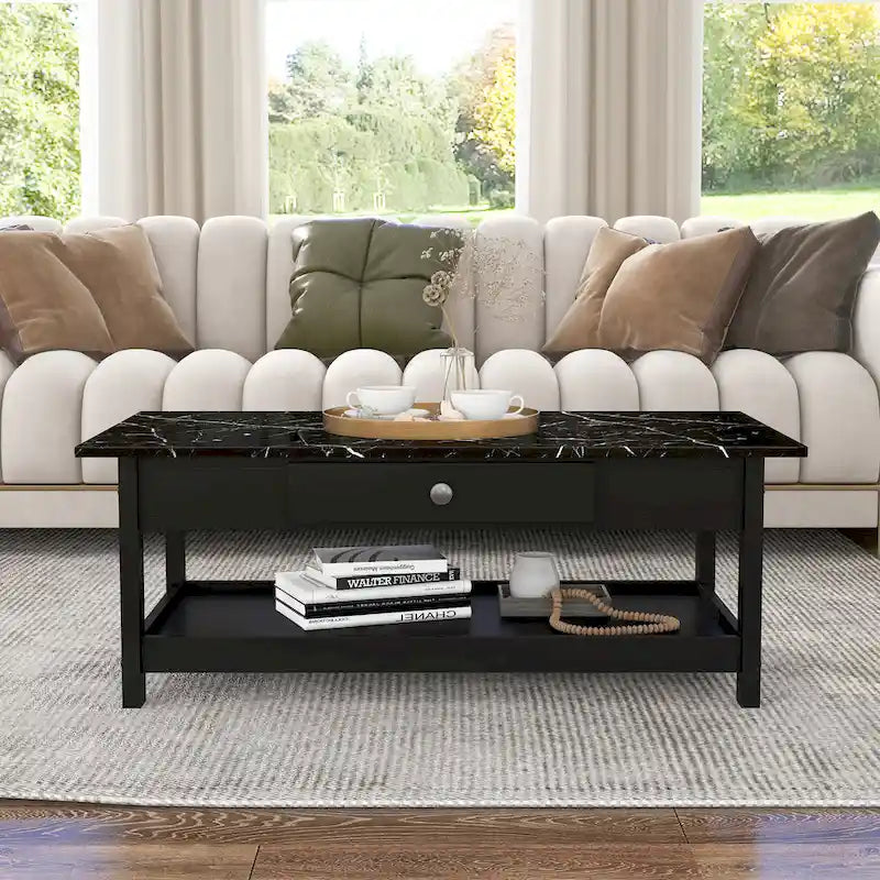 Transitional Rubberwood 4-Piece Open-Shelf Coffee Table Set with Drawer