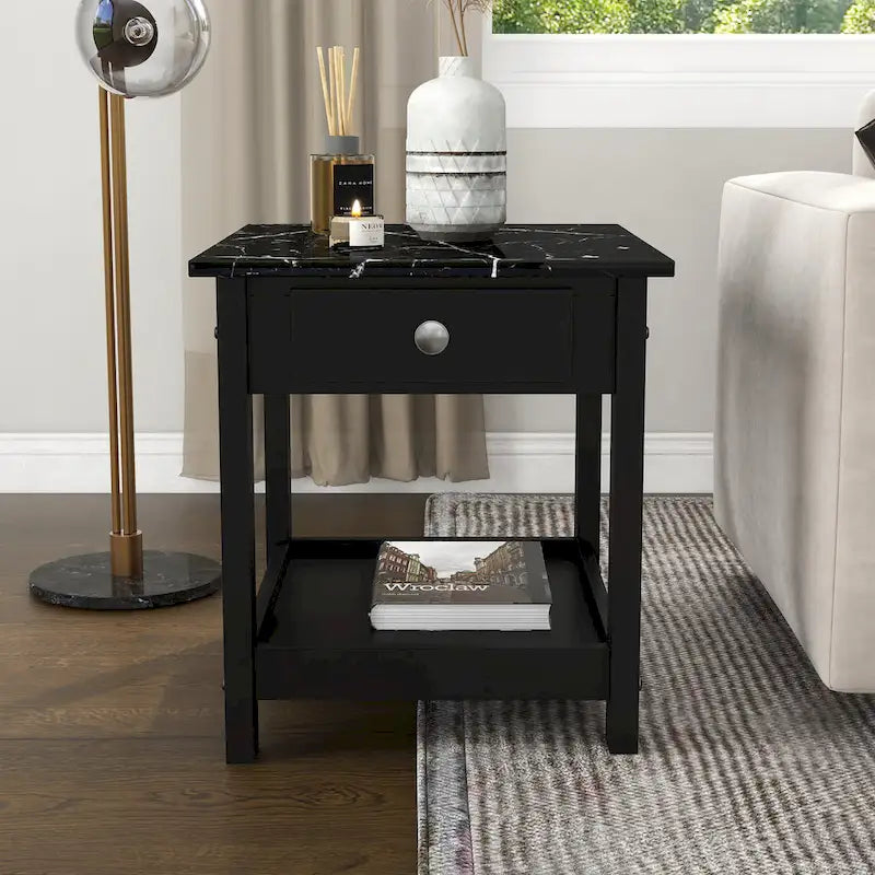Transitional Rubberwood 4-Piece Open-Shelf Coffee Table Set with Drawer