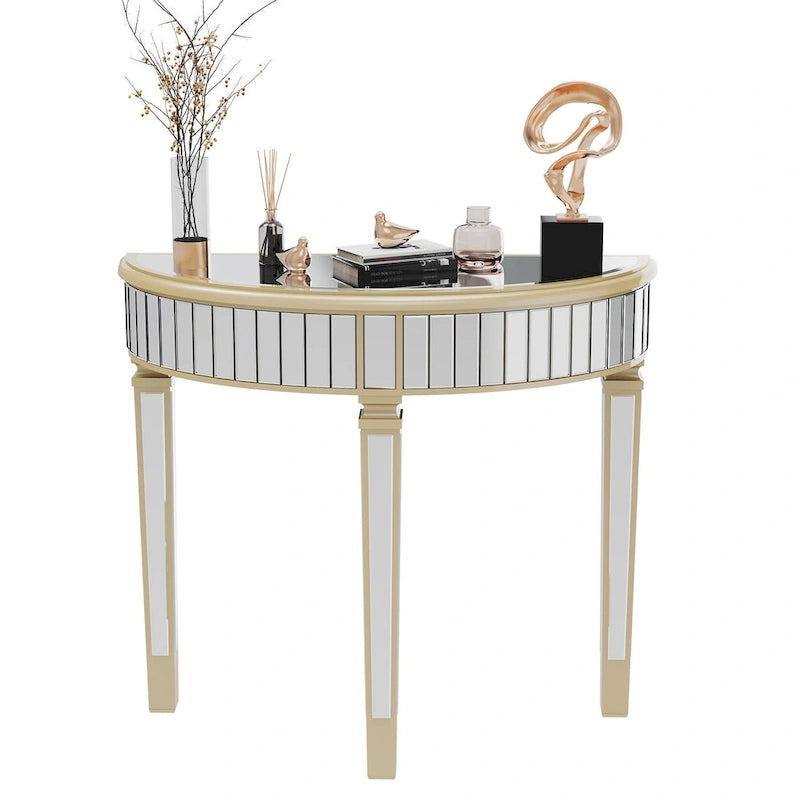 Silver Mirrored Half Moon Console Table Sofa Table - 35.4x31.6 inch