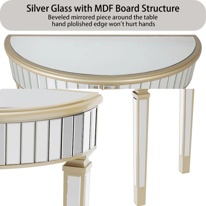 Silver Mirrored Half Moon Console Table Sofa Table - 35.4x31.6 inch