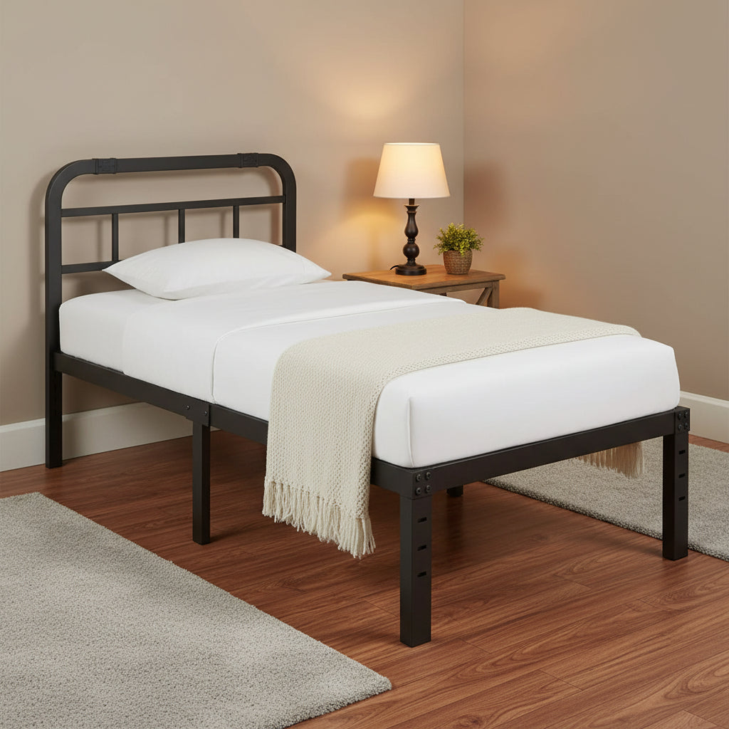 Industrial Style Metal Bed Frame with Headboard and Support