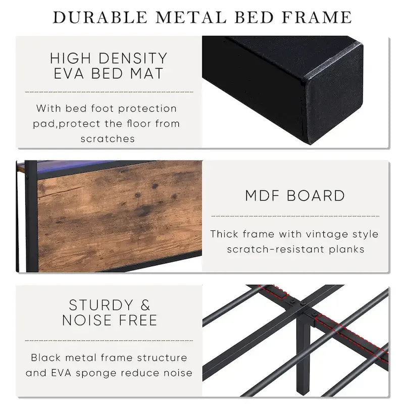 Full Size Bed Frame with Storage Headboard and 2 Drawers,LED Lights Bed with Charging Station