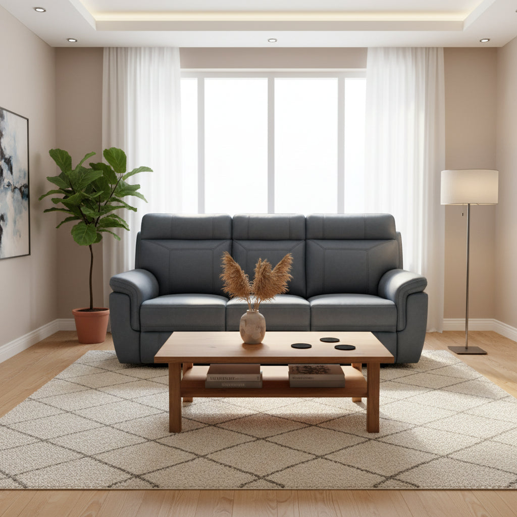 85 Inch Manual Reclining Sofa, Blue Microfiber, Solid Wood, Metal